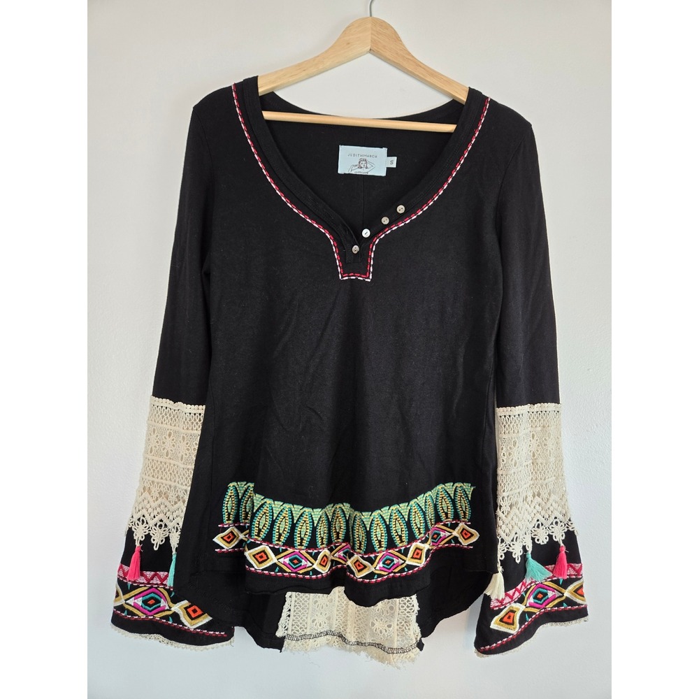 Judith March Henley Tunic Top Womens Black Boho Embroidered Crochet‎ Lace Tassel